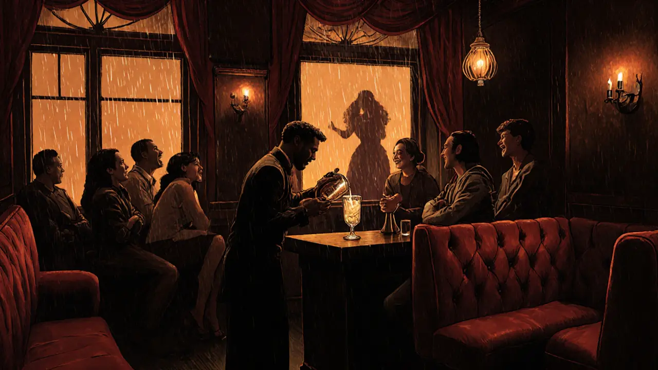 Intimate Soho bar at 3 a.m. with velvet booths and a bartender pouring drinks