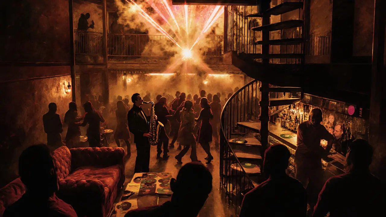 Multi-level nightlife scene at Opium Club with lasers, saxophone, and jazz bar, all shrouded in moody smoke.