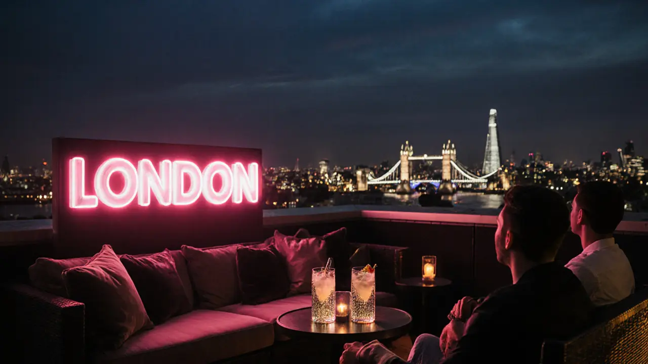 Neon &#039;LONDON&#039; sign glowing at night over a rooftop bar with city skyline and glittering cocktails.