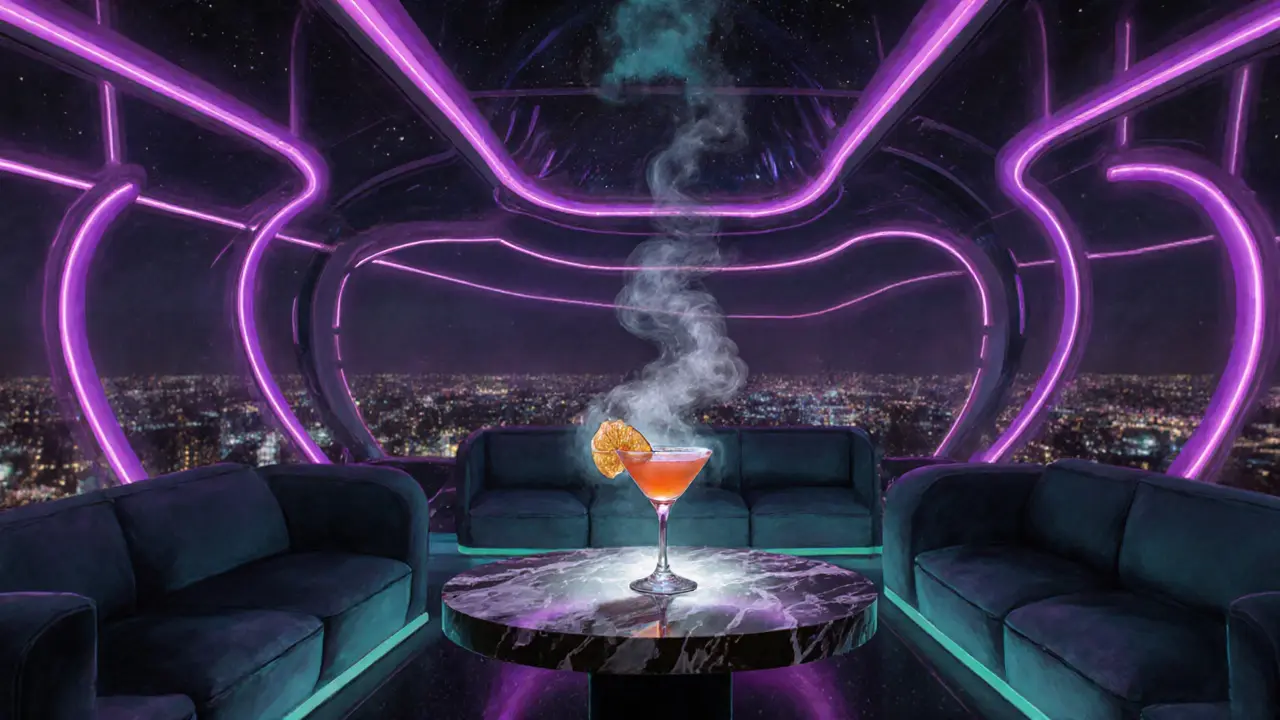 Neon-lit 1970s-inspired rooftop bar with low sofas and smoky cocktails, bathed in moody purple and teal light.