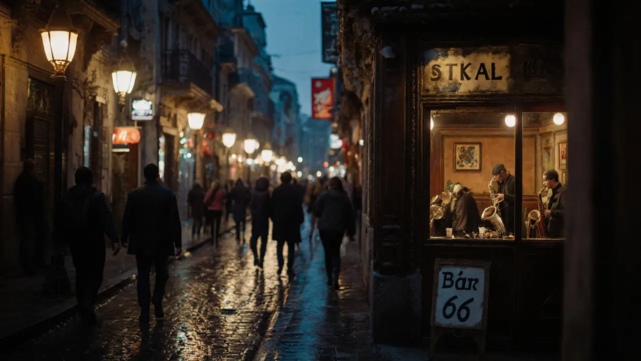 Nighttime street scene in Beyoğlu with jazz music drifting from a hidden bar, lit by vintage lamps and wet cobblestones.