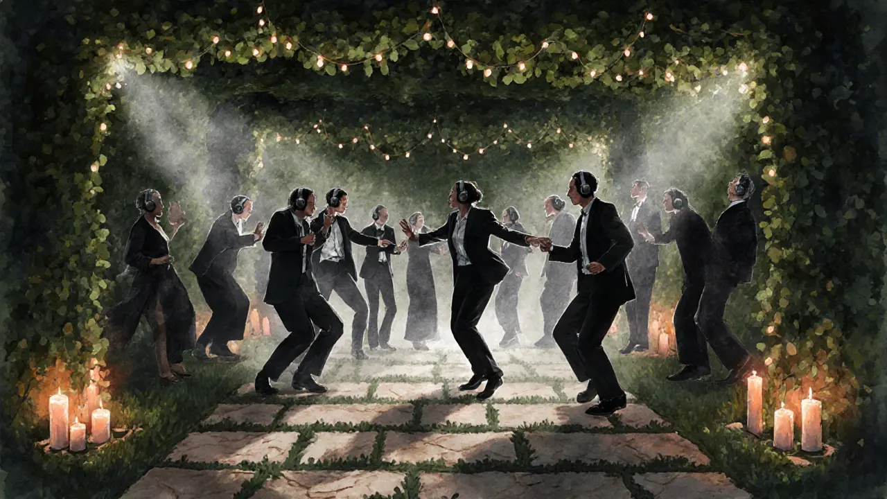People dancing silently under ivy in a garden, illuminated by soft candle-like LED lights.