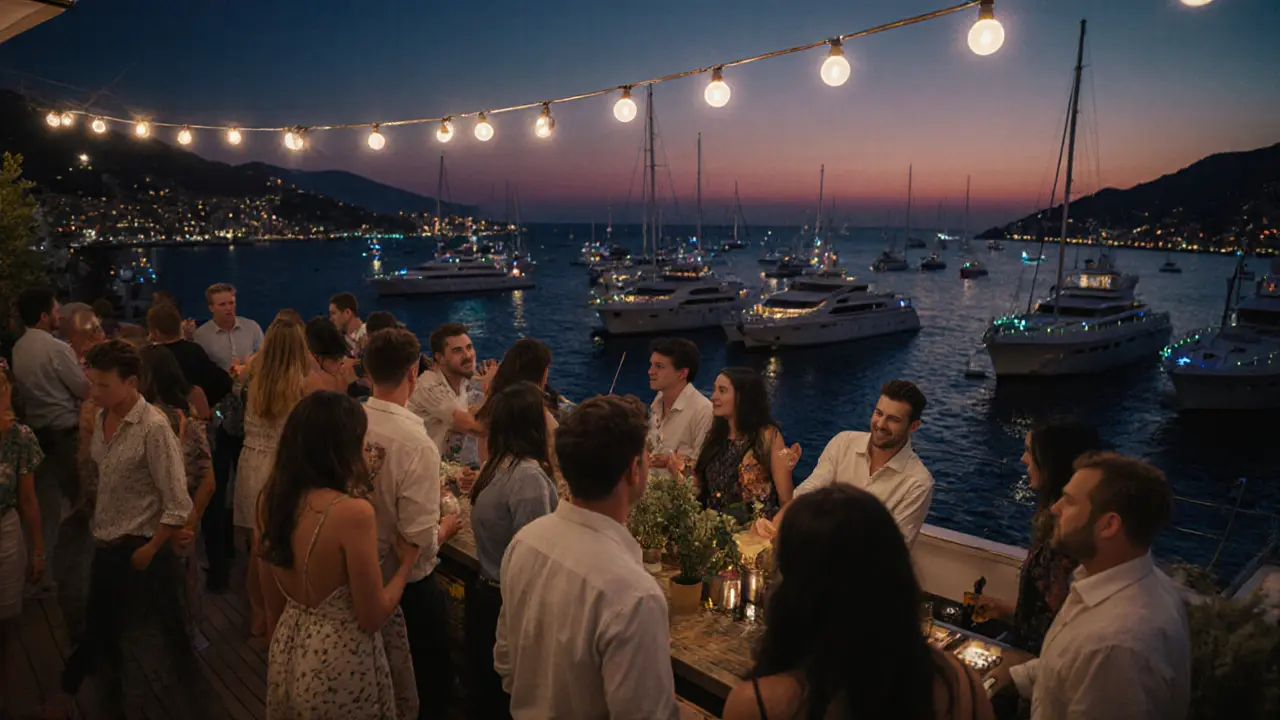 People socializing at Yacht Club on Monaco harbor at dusk, luxury yachts reflecting lights on the water.