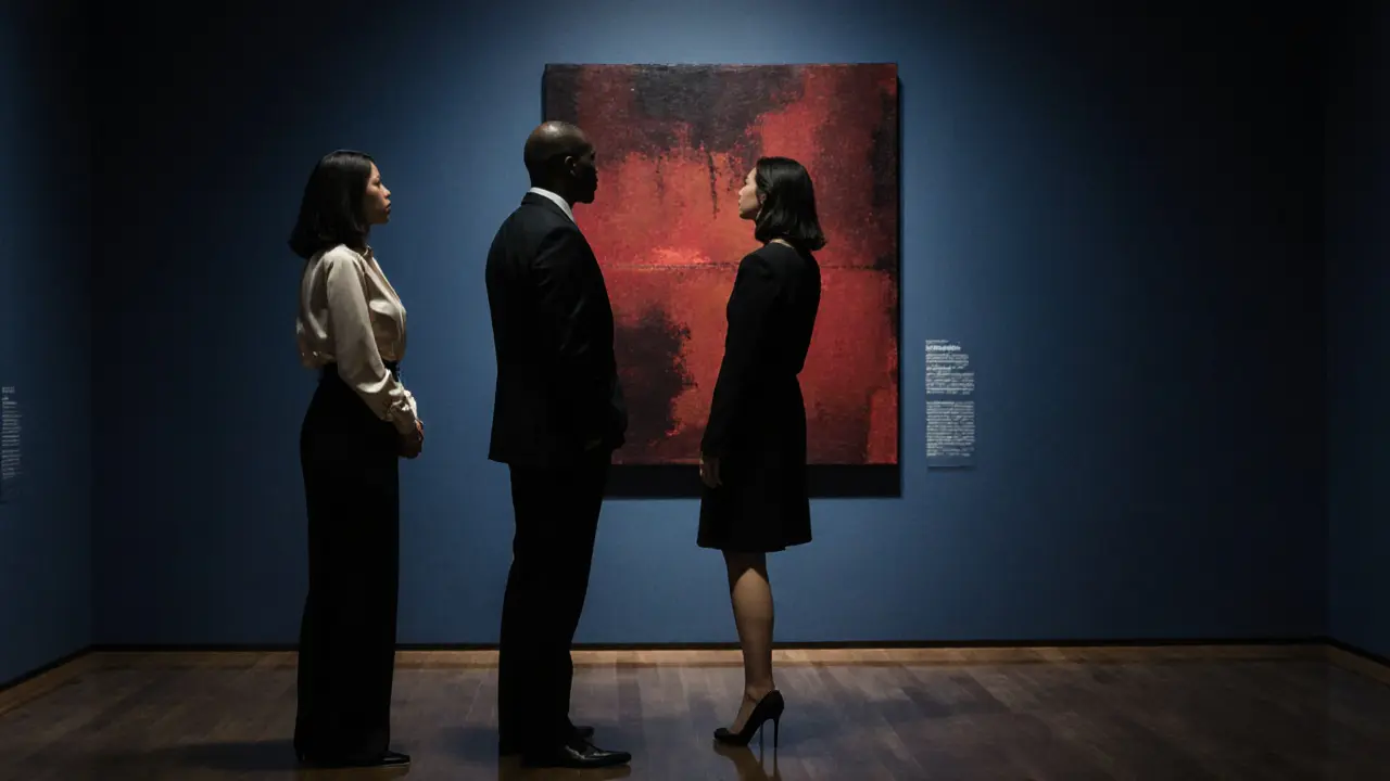 Professionals quietly viewing a Rothko painting in a dimly lit London art gallery at night.