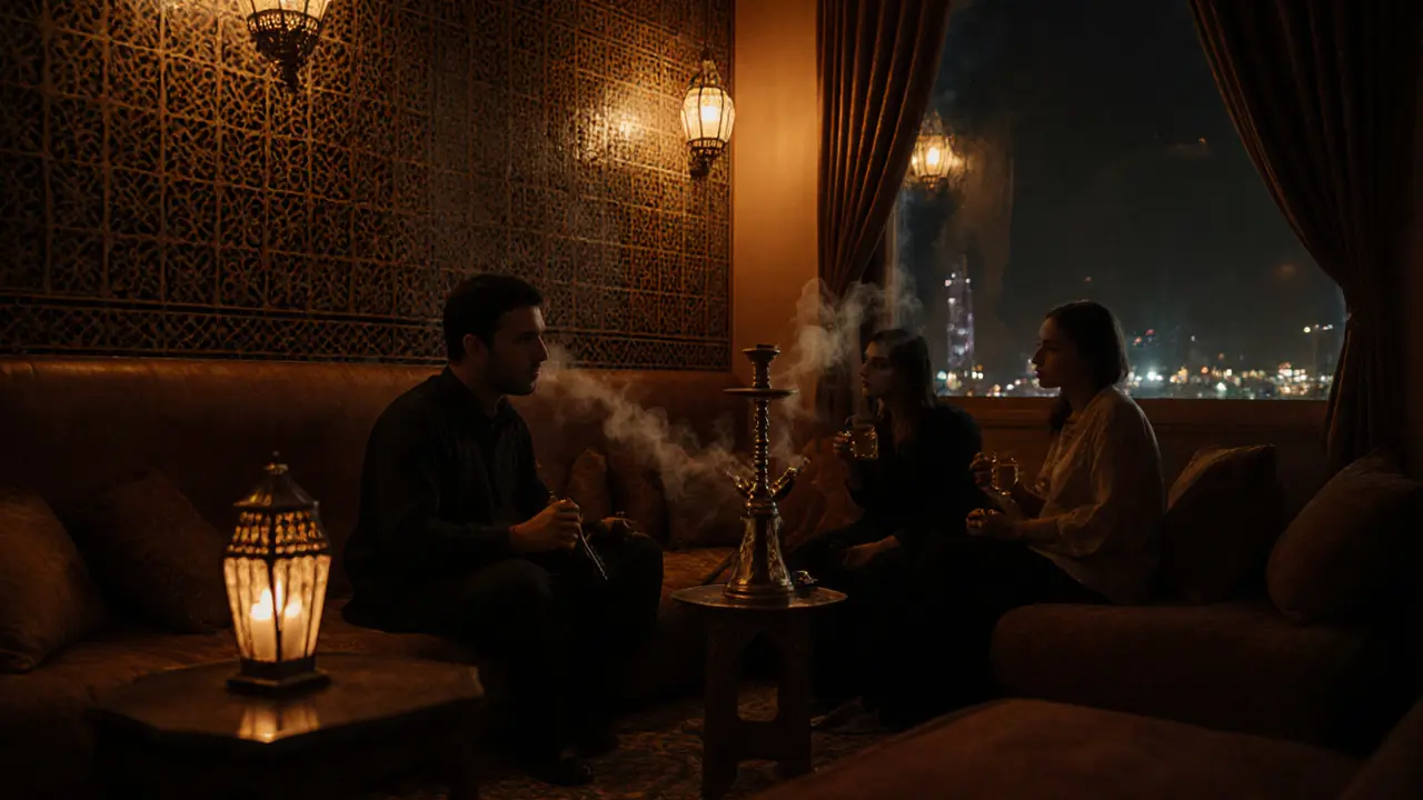 Quiet Persian lounge with hookah, oud music, and warm lantern lighting.