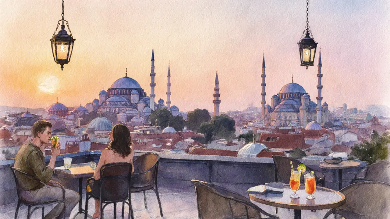 Rooftop bar at sunset overlooking Istanbul’s historic skyline with empty chairs