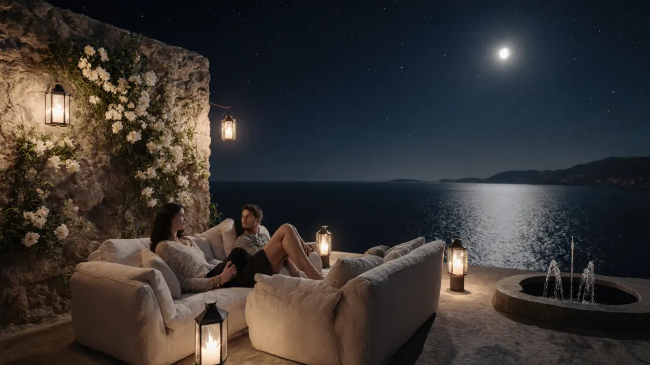 Rooftop garden at La Perle with couples relaxing under lanterns and starry Mediterranean sky.