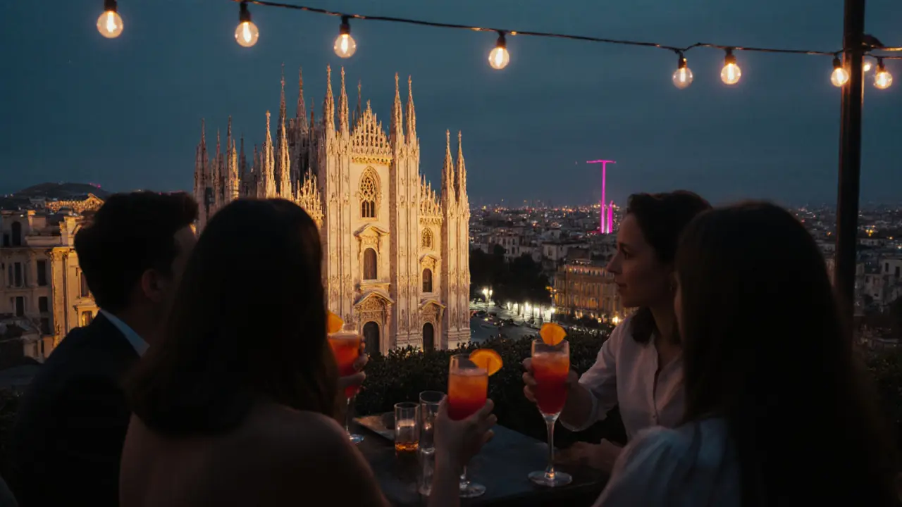 Rooftop terrace with Aperol Spritzs and Milan&#039;s Duomo glowing in the night.