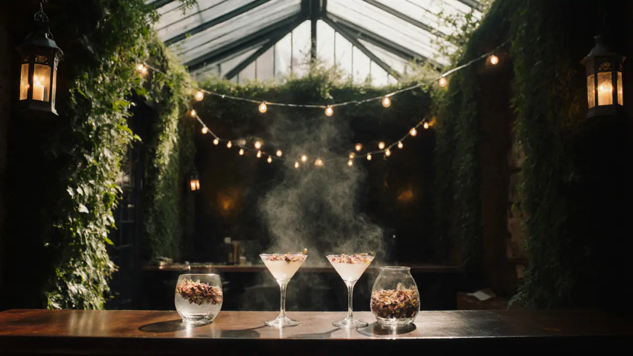 Secret garden bar with string lights, ivy, and floating flower petals in hand-blown glassware.
