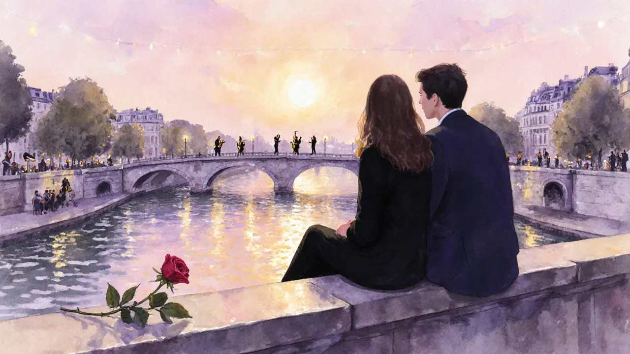 Silhouettes of two people sitting together at sunset on a Paris bridge, the Seine reflecting golden light.