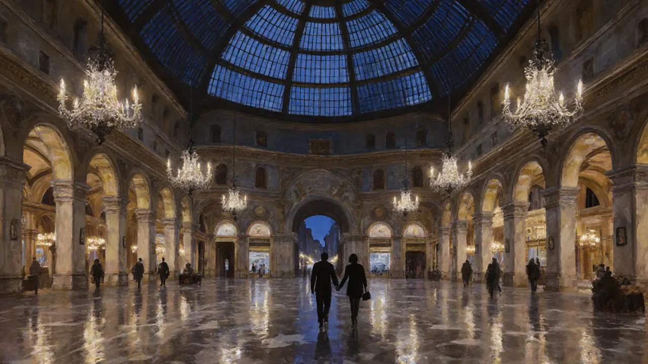 Silhouettes strolling hand in hand beneath the glowing glass dome of Galleria Vittorio Emanuele II at night, empty and serene.