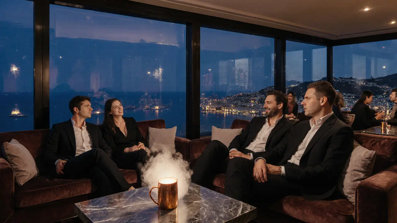 Sophisticated rooftop bar at Opaline with panoramic Mediterranean views, velvet couches, and a cocktail with dry ice fog.