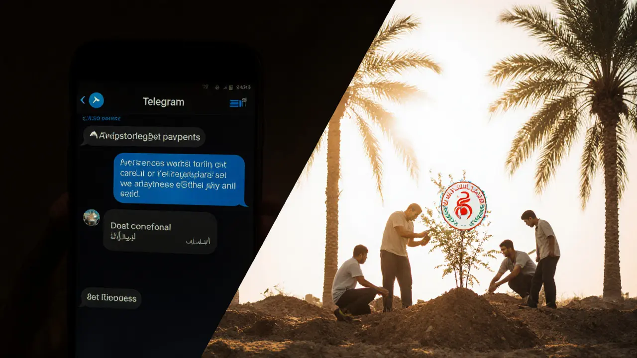 Split image: left shows a secretive digital chat, right shows a volunteer group planting trees under sunlight in Abu Dhabi.