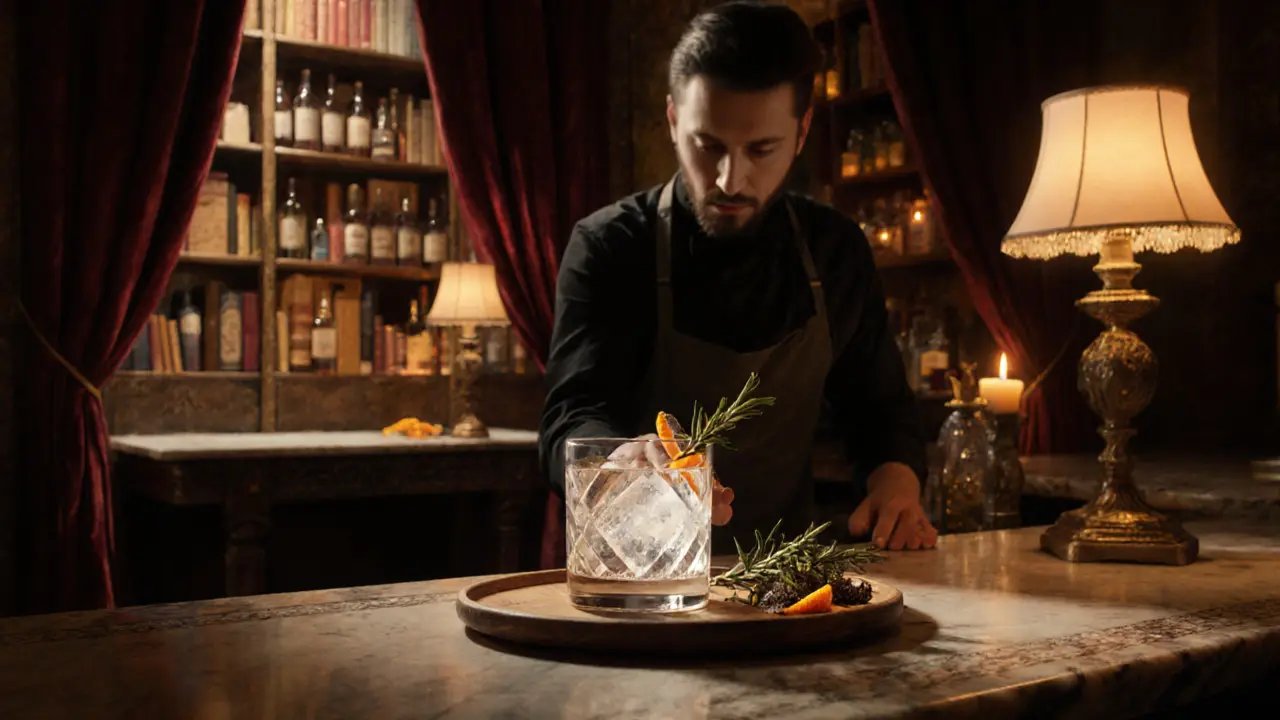 Surreal cocktail bar with velvet curtains, bookshelves, and a mixologist carving ice.