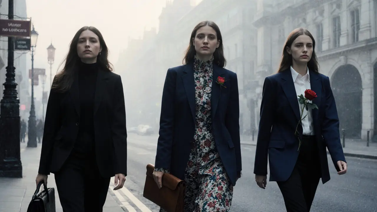 Three women in refined attire walk alone through foggy London streets at dawn, exuding quiet strength and individuality.