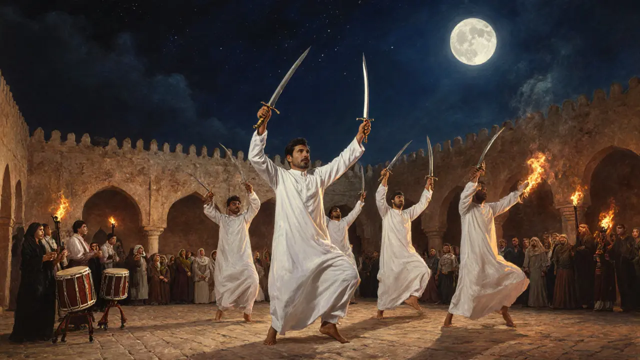 Traditional Emirati sword dancers in white robes perform under torchlight in a historic courtyard.