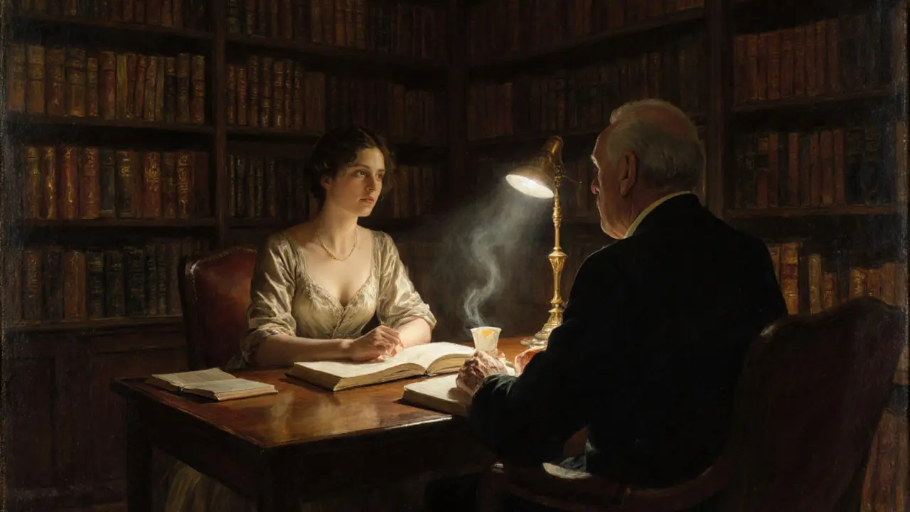 Two individuals share a quiet, thoughtful moment over books and tea in a cozy, book-lined library.