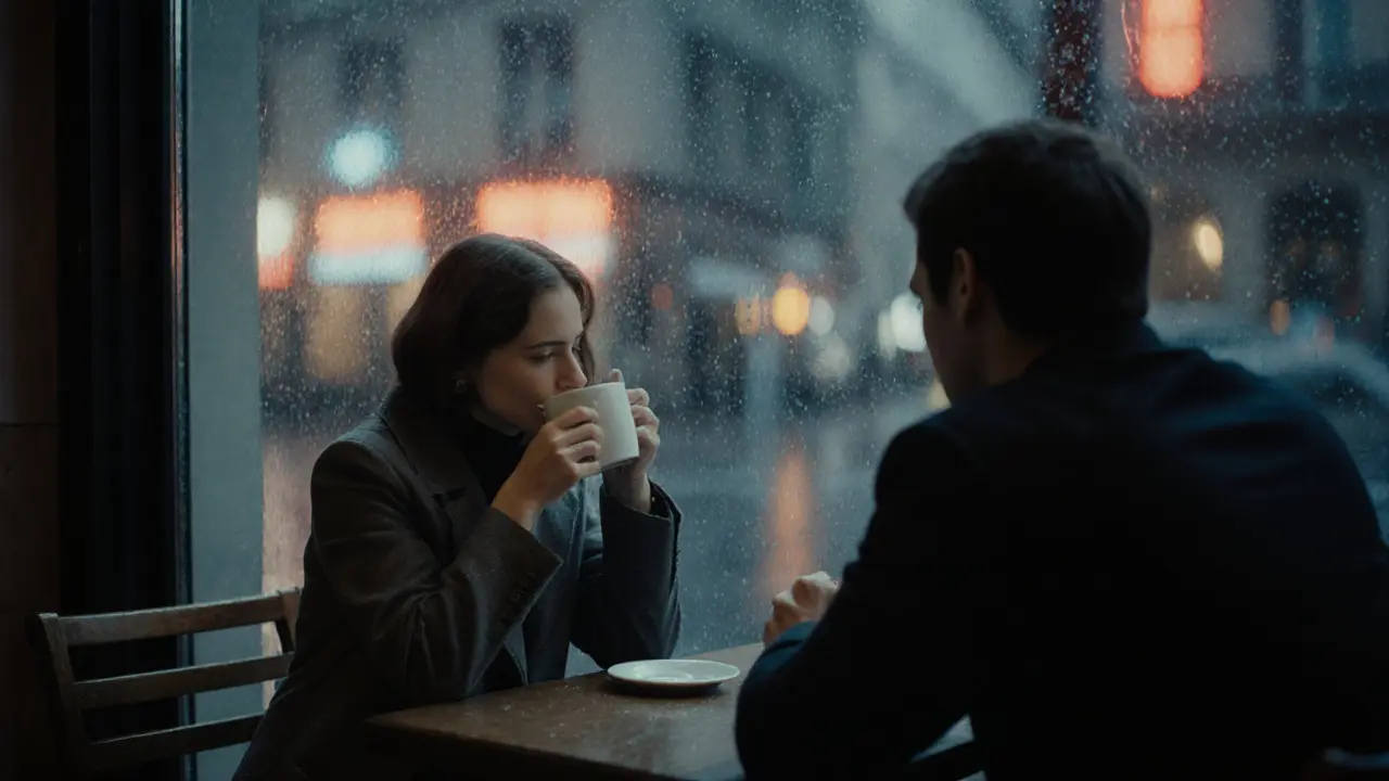 Two people in a rainy Berlin café, sharing a silent, emotional moment by the window.