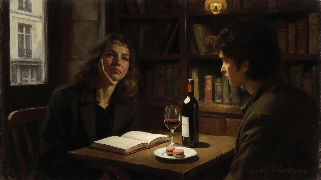 Two people share wine and quiet conversation in a cozy Parisian book-lined lounge.