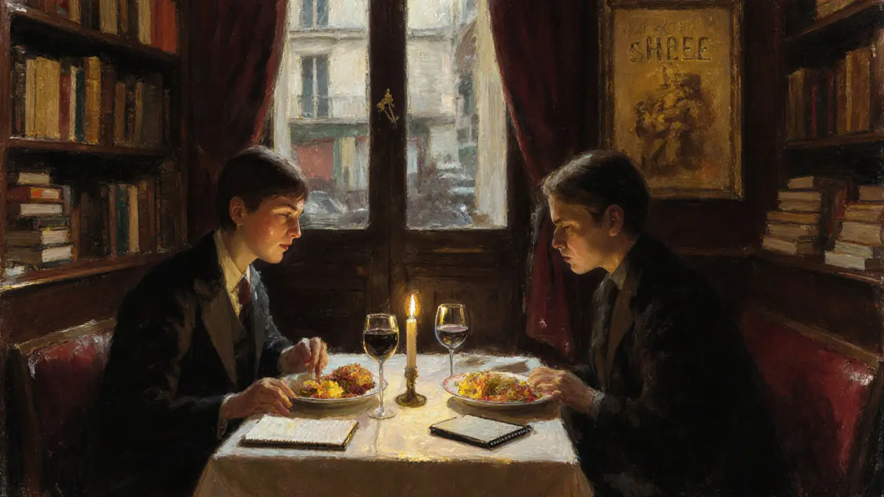 Two people sharing a quiet candlelit dinner in a cozy Parisian bistro with books and wine on the table.