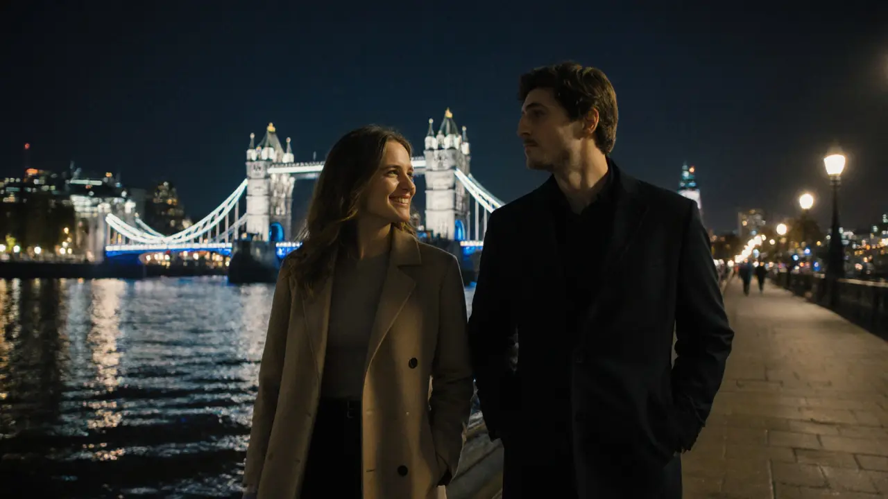 Two people walking along the Thames at night, city lights glowing softly in the distance.