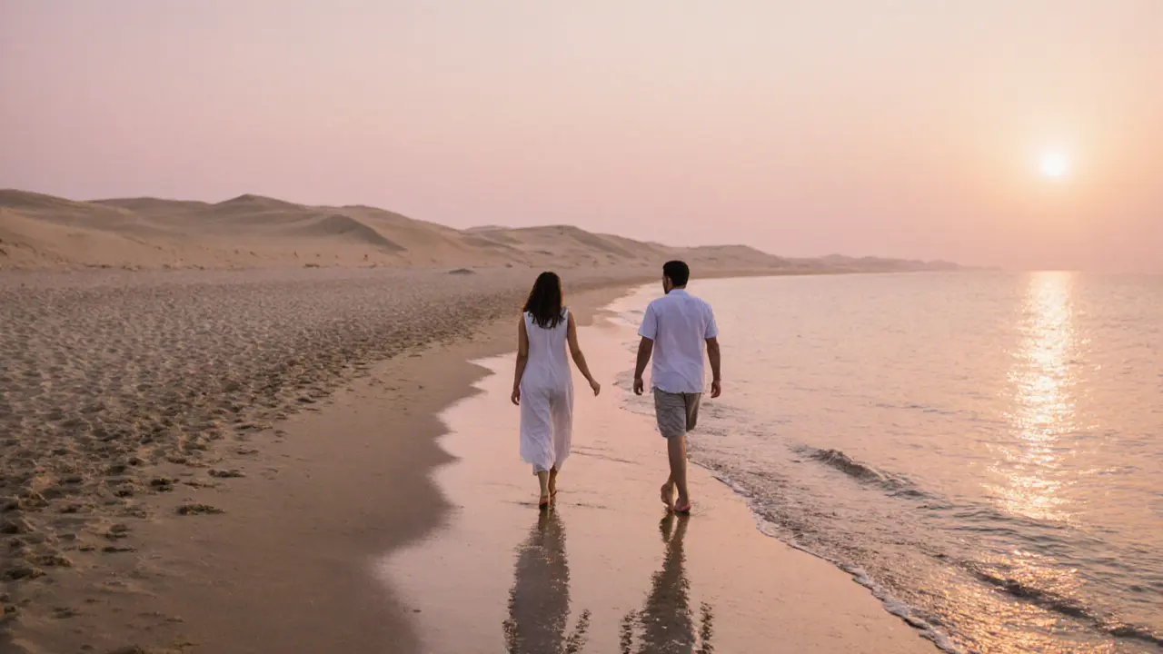 Two people walking peacefully along a private beach at sunset in Abu Dhabi, sharing quiet companionship.