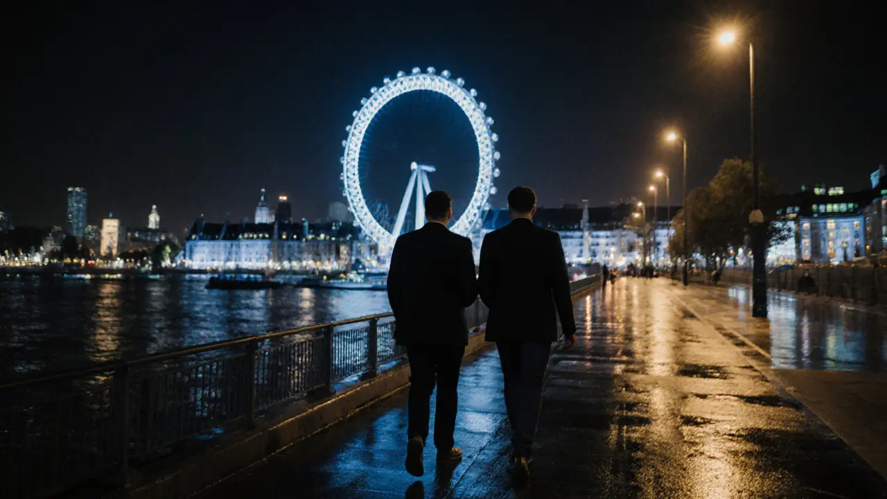 Two people walking peacefully along the South Bank at night with London Eye in the distance.