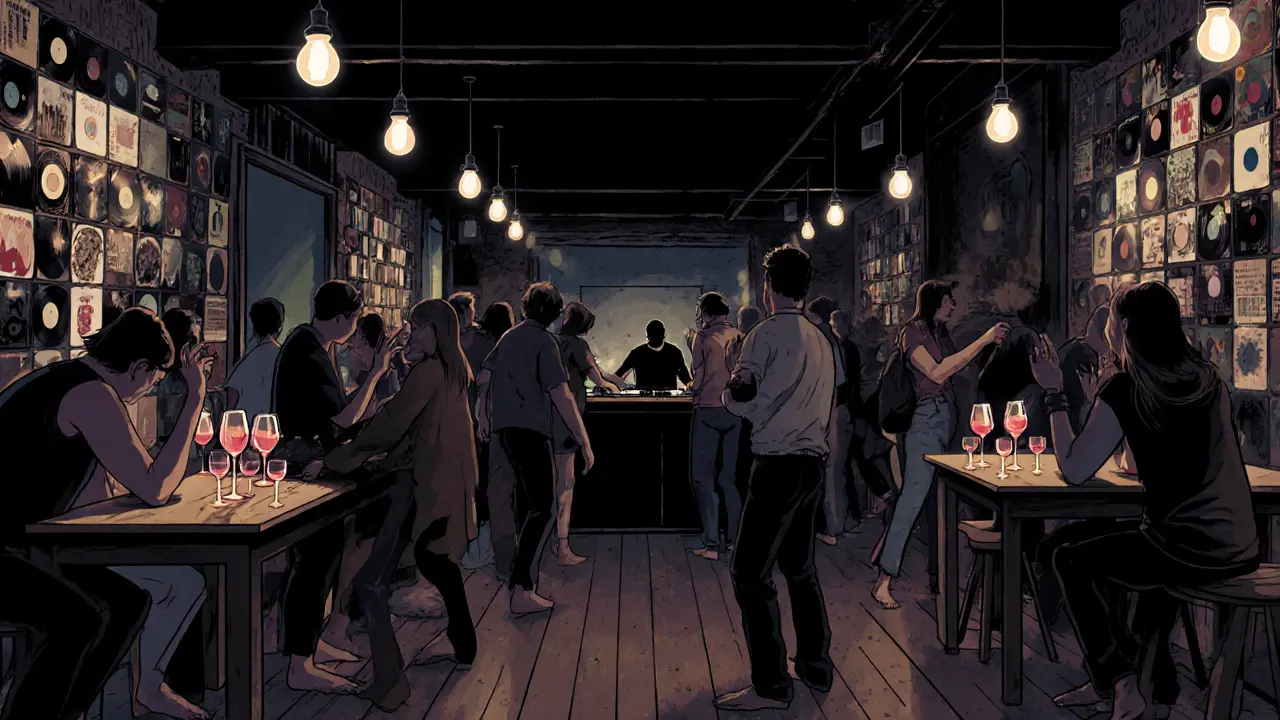 Underground techno club La Rascasse with vinyl-covered walls and a DJ playing a live 12-hour set in dim light.