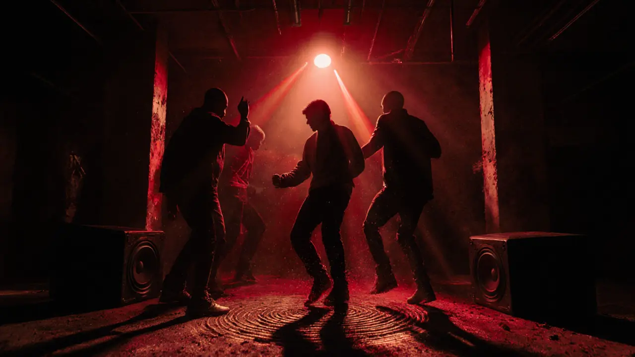 Underground techno club with dark concrete walls, red laser lights, and silhouetted dancers vibrating to bass.