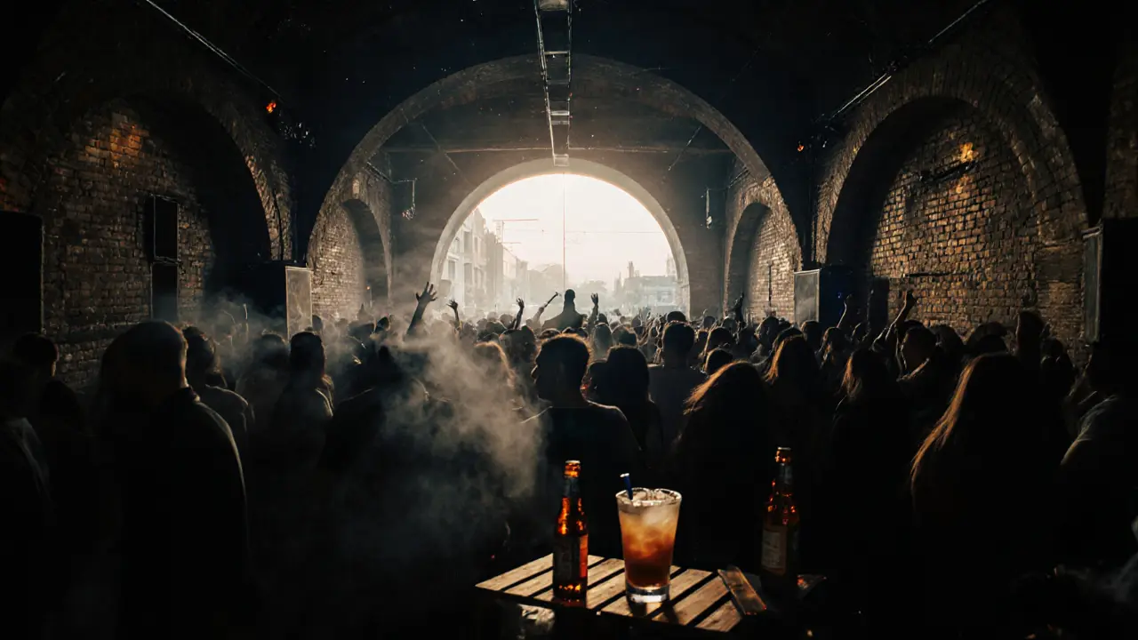 Underground warehouse club in Navigli with crowd dancing under pulsing lights.