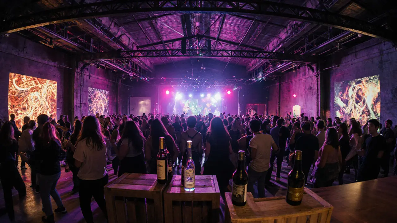 Vibrant industrial warehouse filled with dancers under pulsing lights and steel beams.