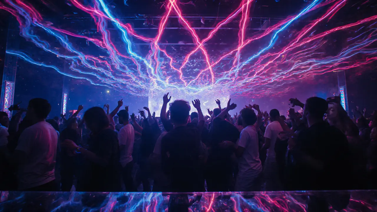 Vibrant nightclub with neon lights and dancing crowd under pulsing strobes.