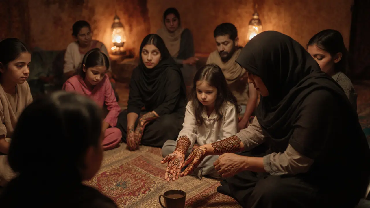 Women and children sharing henna art in a warm, lantern-lit circle, surrounded by cultural objects.