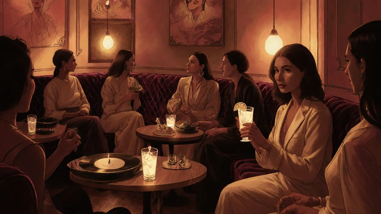 Women relaxing in a cozy lounge with vinyl records and soft lighting, enjoying cocktails.