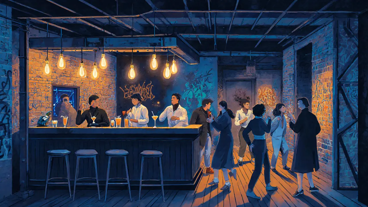 Young locals dancing in an industrial-style bar in Milan&#039;s Isola district at night.