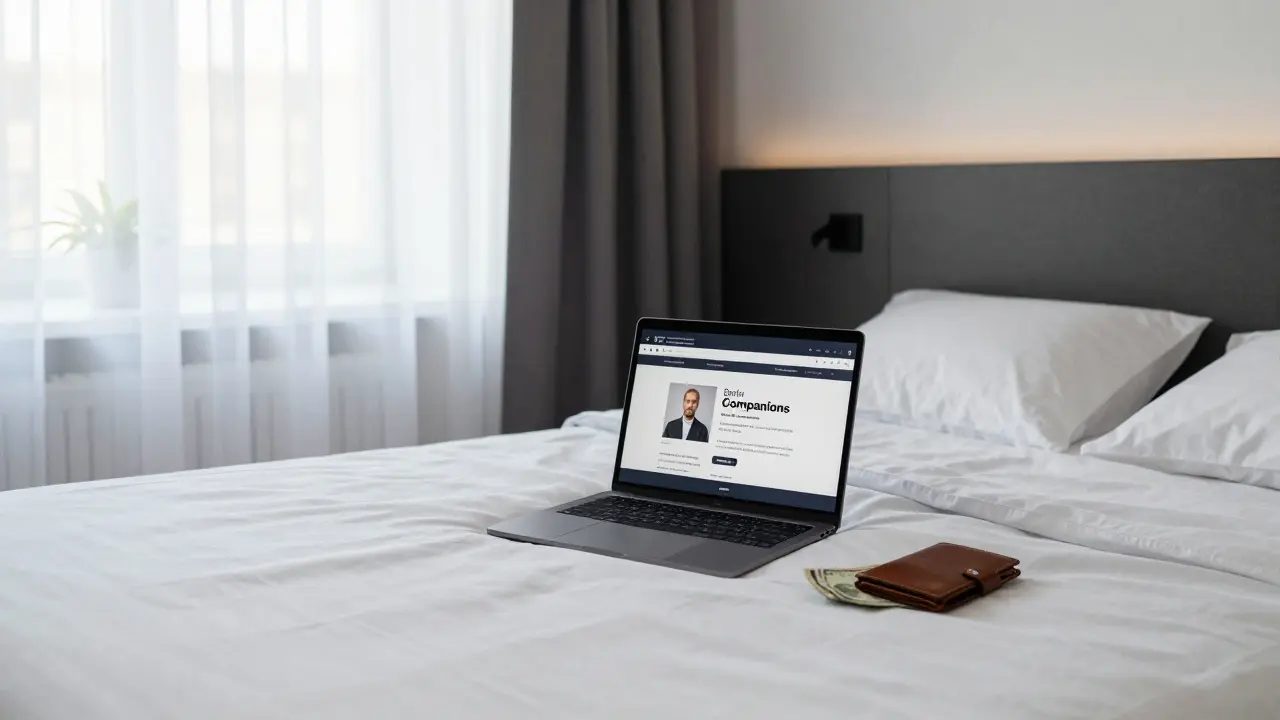 A clean hotel room with a verified escort profile visible on a laptop, morning light streaming through curtains.