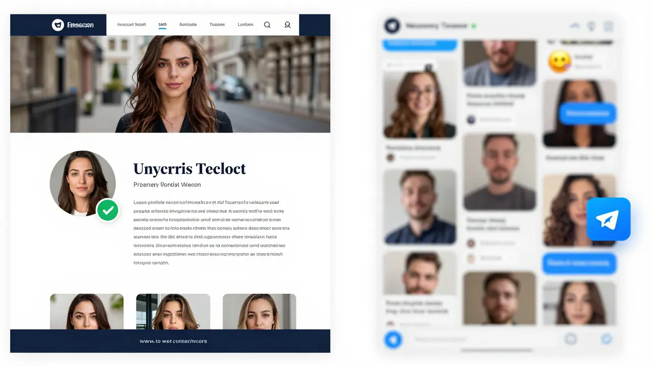 A clean professional escort profile versus a suspicious Telegram chat interface.