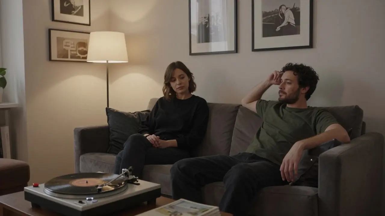 A client and companion sitting together in a cozy Berlin apartment, listening to vinyl in silent comfort.