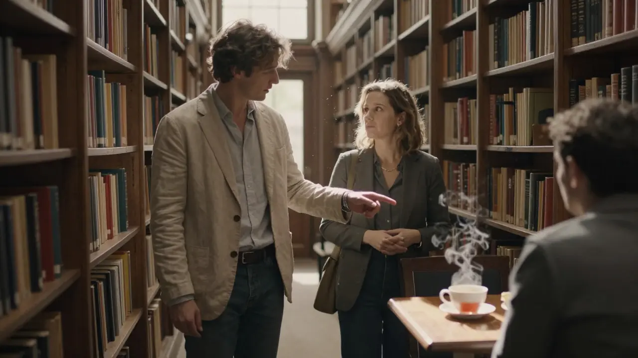 A companion and client exploring a quiet London library, engaged in thoughtful conversation.