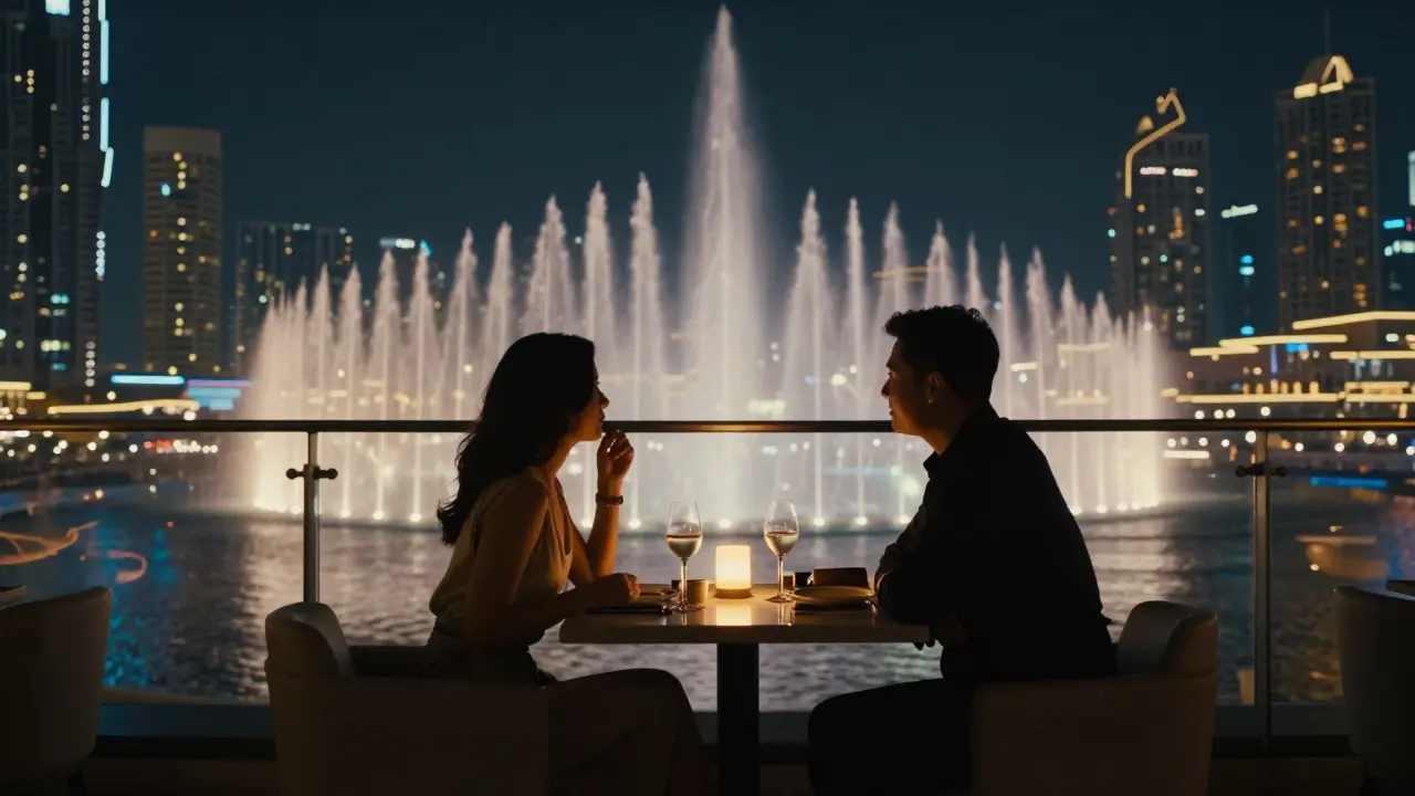 A couple&#039;s silhouette enjoying dinner on a rooftop with Dubai Fountain in the background.