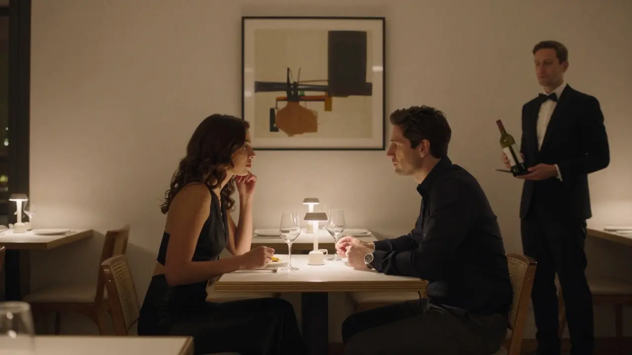 A couple enjoying a quiet dinner at a luxurious Berlin restaurant, illuminated by candlelight and surrounded by elegance.