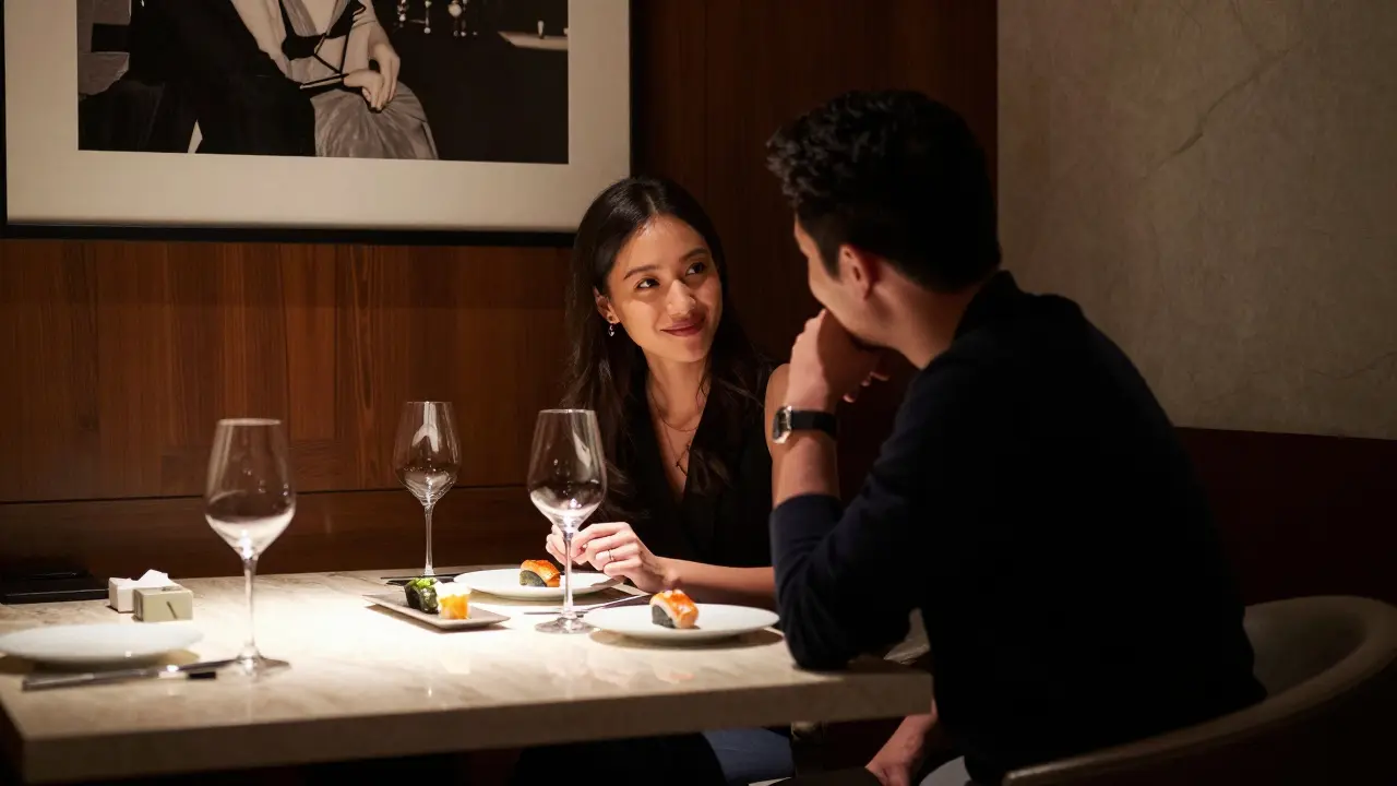 A couple enjoying a quiet dinner at Nobu Dubai, soft lighting, no phones, refined ambiance.