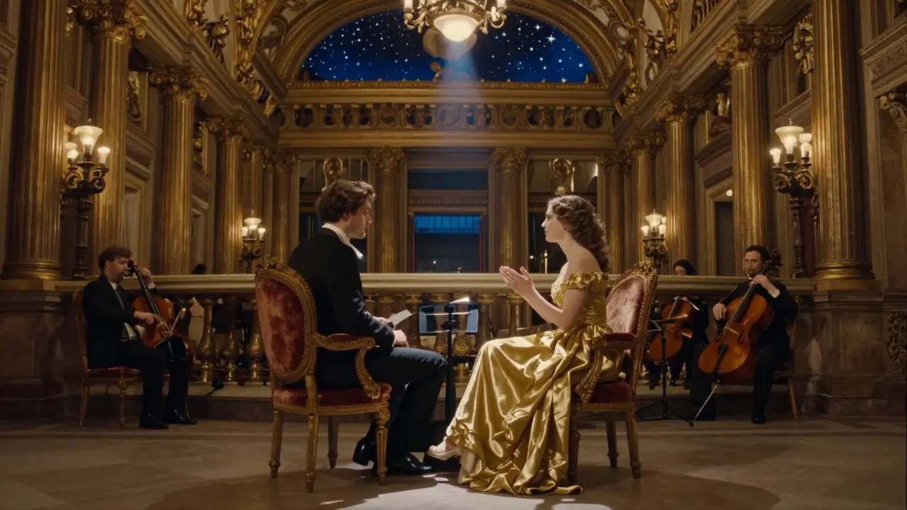 A couple seated in velvet chairs under the gilded ceiling of an opera house, bathed in shifting colored light.