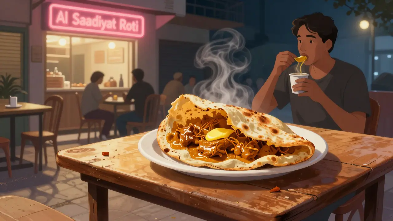 A customer eating butter chicken roti at 2 a.m. in a casual Abu Dhabi eatery, steam rising from the flaky pastry.