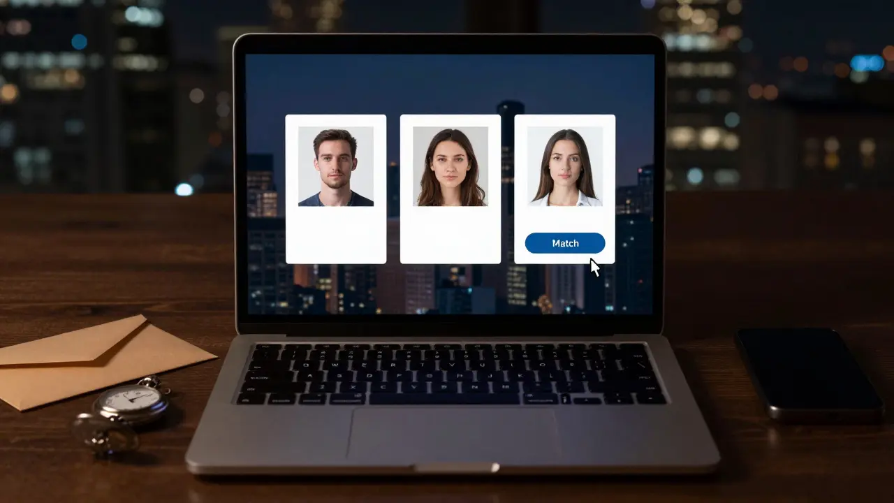 A dark laptop screen showing minimalist escort profiles with no names, surrounded by private items.