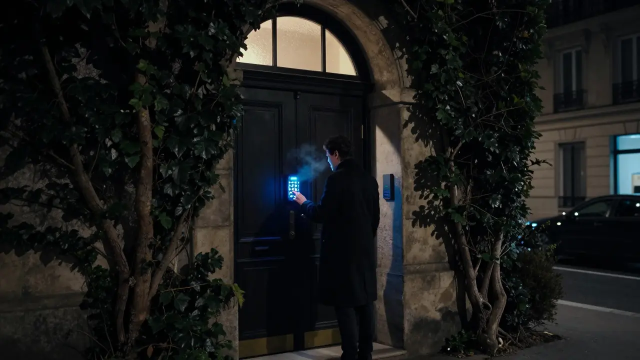 A discreet hotel entrance at night with a glowing keypad, hidden behind ivy and shadows.