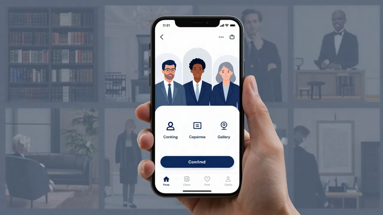 A diverse group of Londoners using a discreet app to book a companion, surrounded by cityscapes.