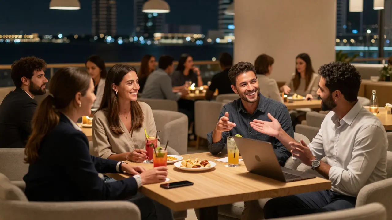 A diverse group of professionals chatting naturally in a modern lounge, phones down, focused on conversation.