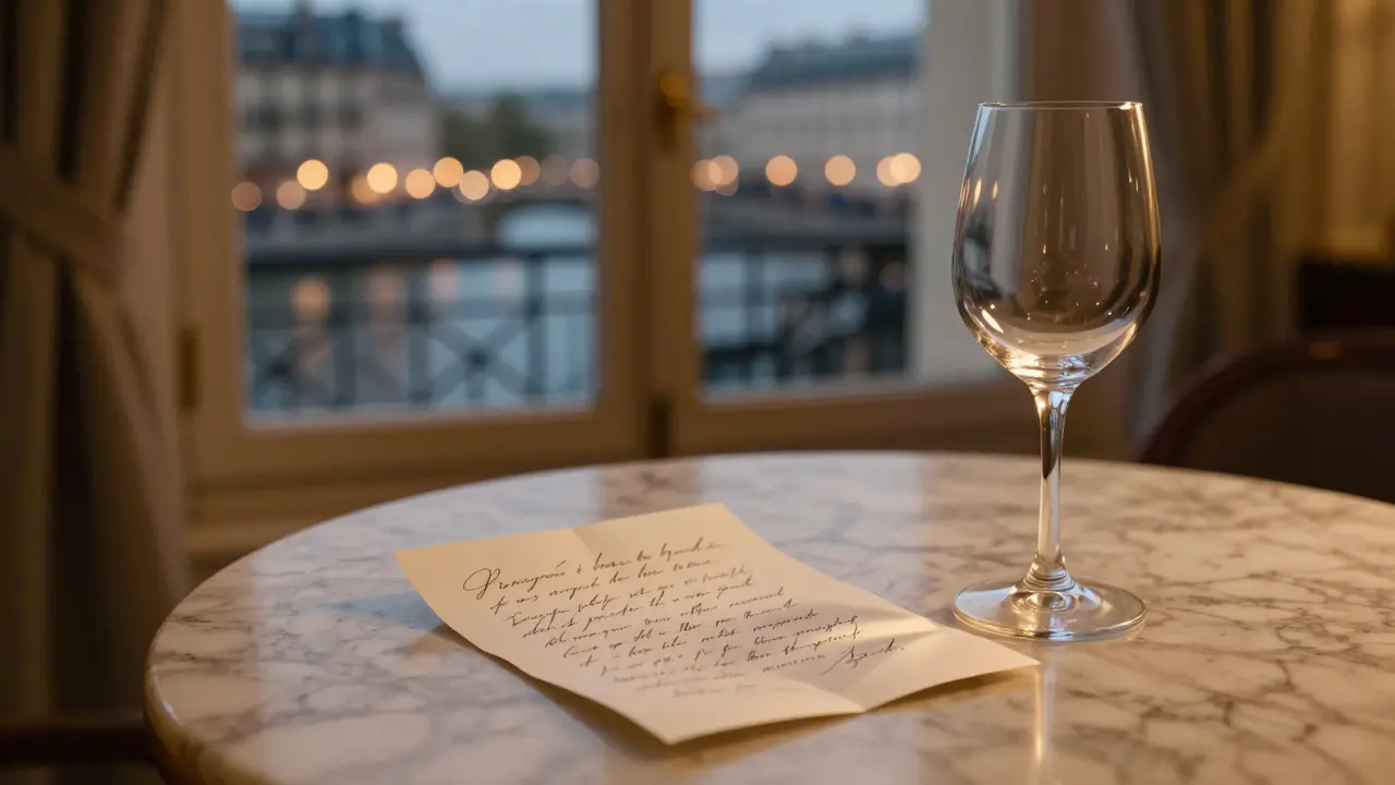 A handwritten note rests beside an empty wine glass in a softly lit Parisian room, candlelight glowing.