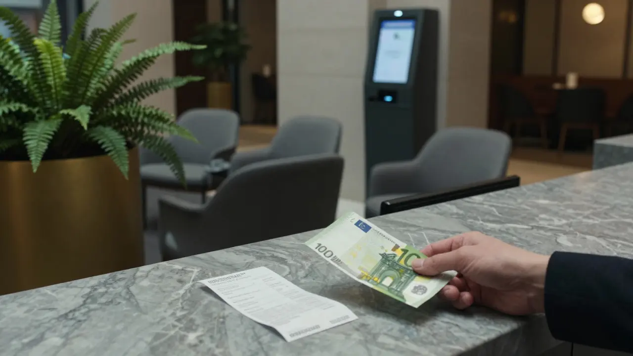 A hotel lobby counter with cash and a booking receipt, suggesting a discreet, professional encounter.